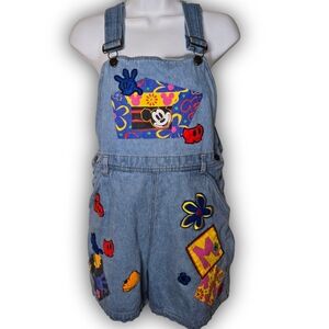 Disney Mickey & Co Vintage Denim Overalls Shorts 90s Patchwork Kids L/XL 11/12